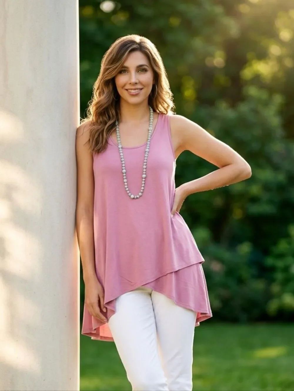 Matilda Jane Pink Modal Knit Tank Top Hi-Lo Floral Sleeveless Long Drapey Tunic